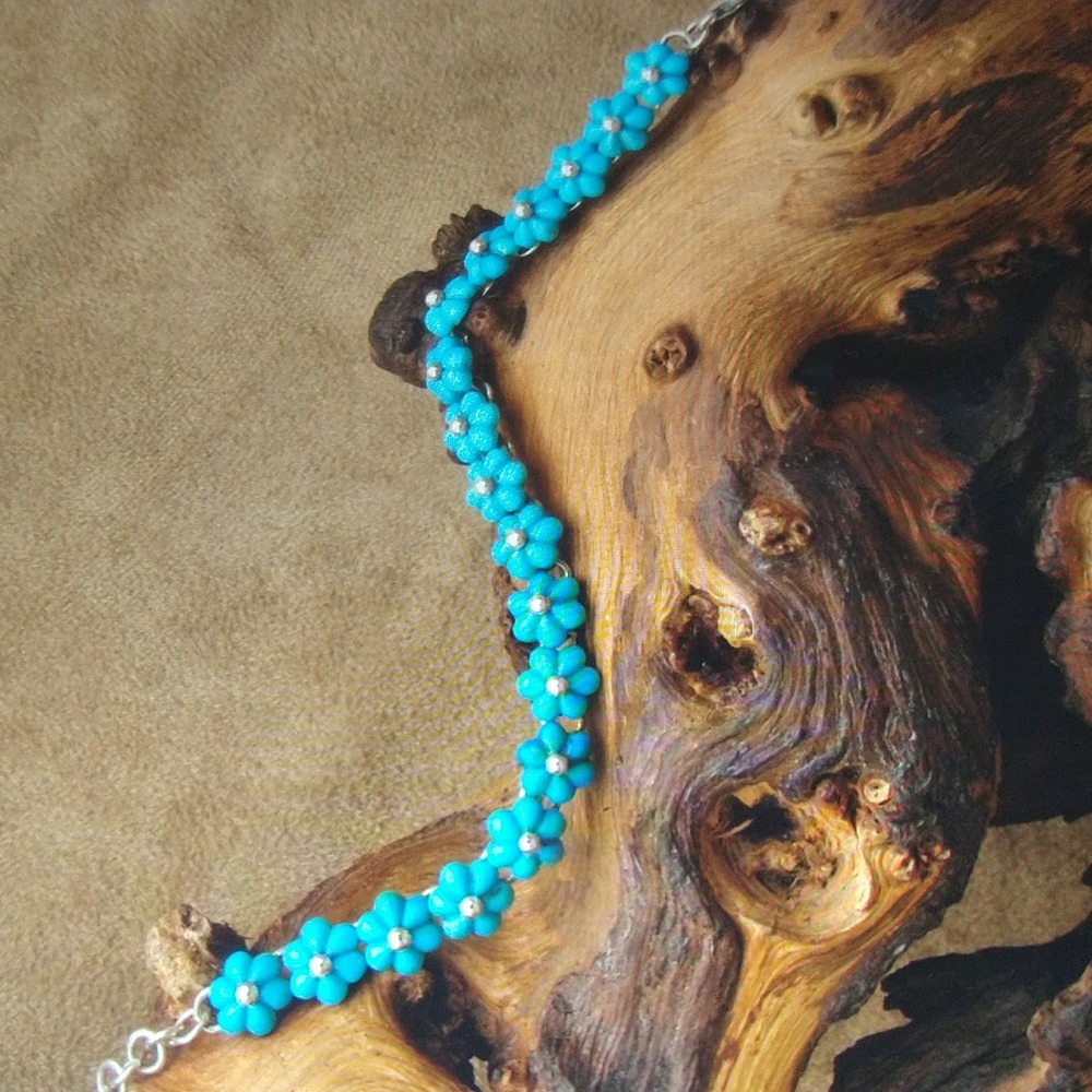 STERLING SILVER AND TURQUOISE FLOWER LINK BRACELET AND EARRINGS